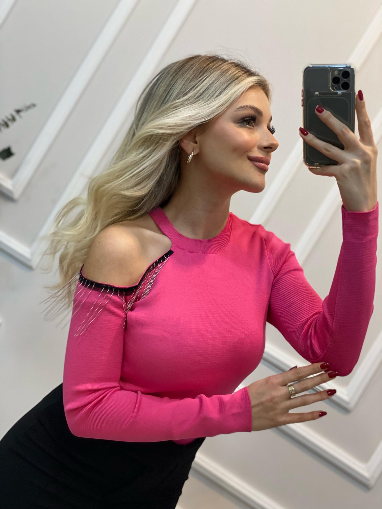 Pembe Tek Omuz Zincir Dikimli Triko
