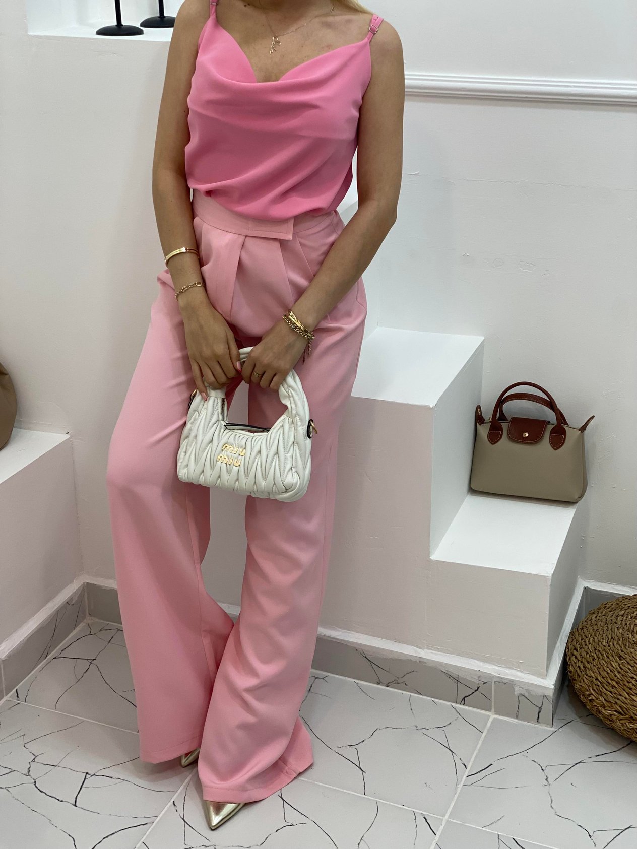 Pembe Yüksek Bel Premium Cırtlı  Palazzo Pantolon 