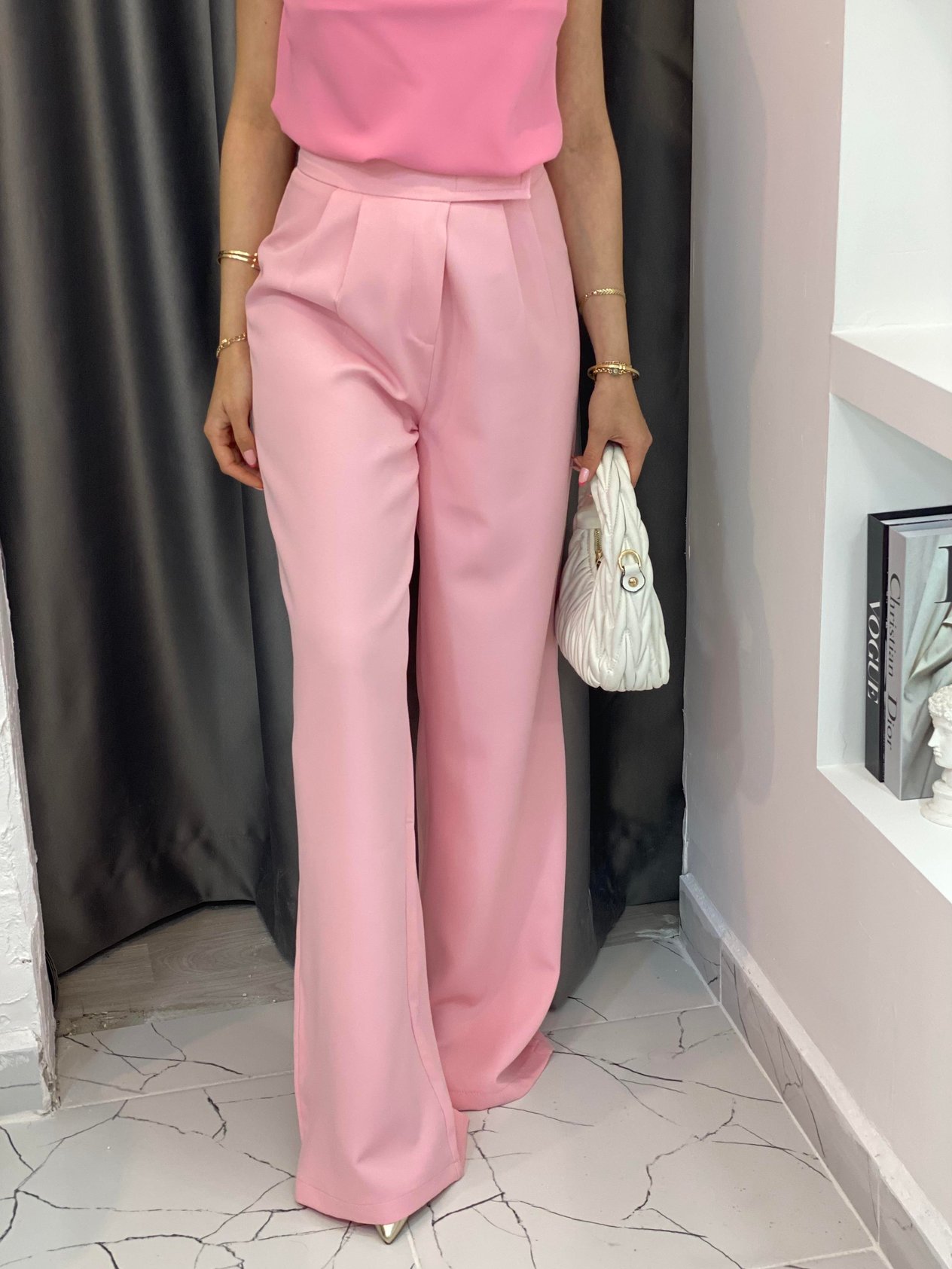 Pembe Yüksek Bel Premium Cırtlı  Palazzo Pantolon 