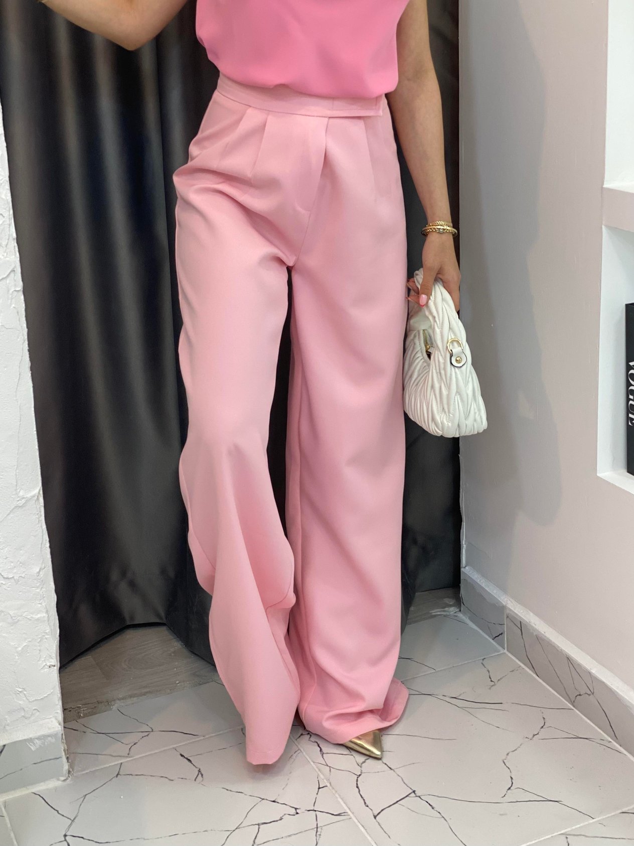 Pembe Yüksek Bel Premium Cırtlı  Palazzo Pantolon 