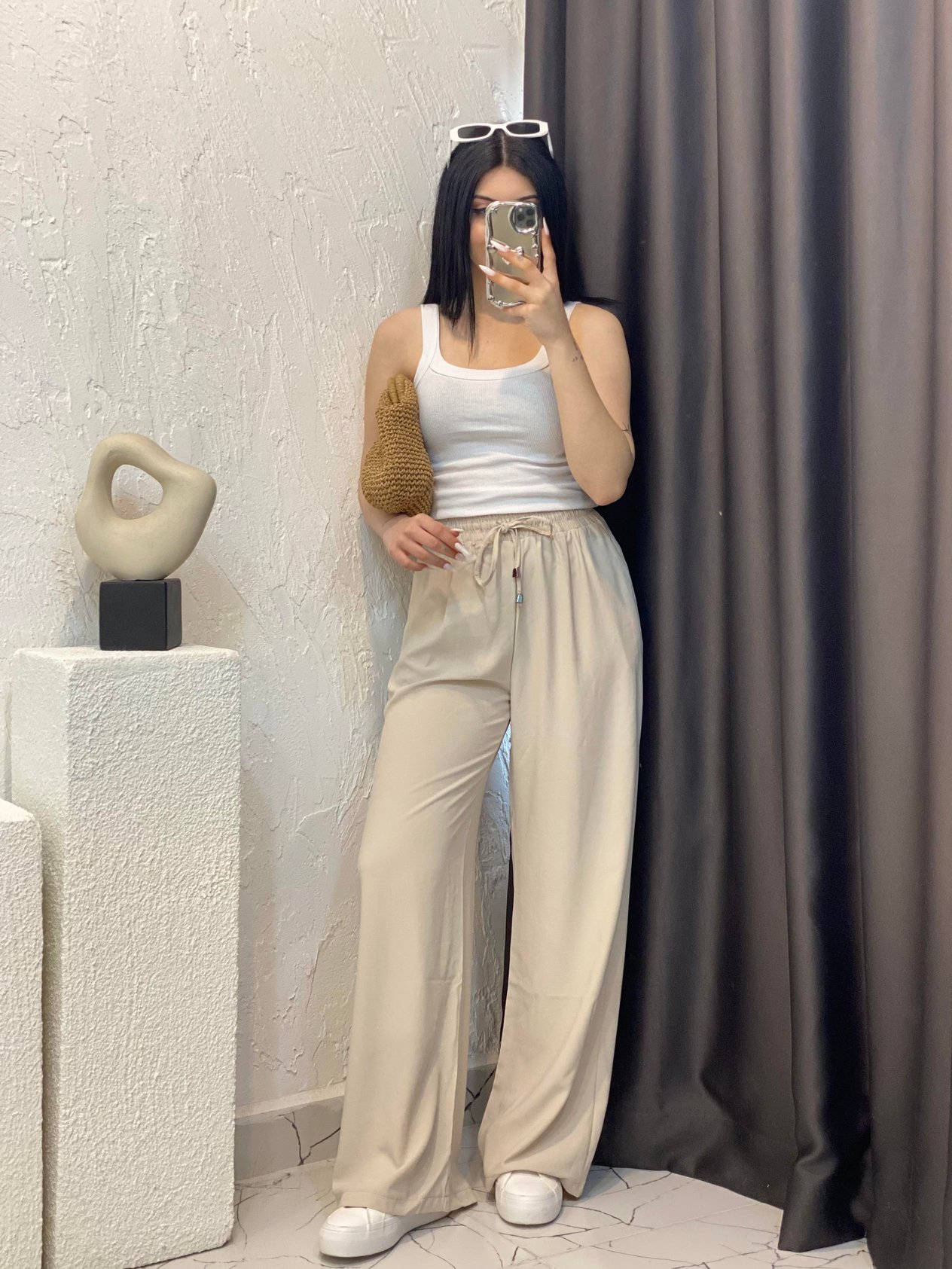 Quzu Marka Bej Yüksek Bel Beli Lastikli Palazzo Pantolon 