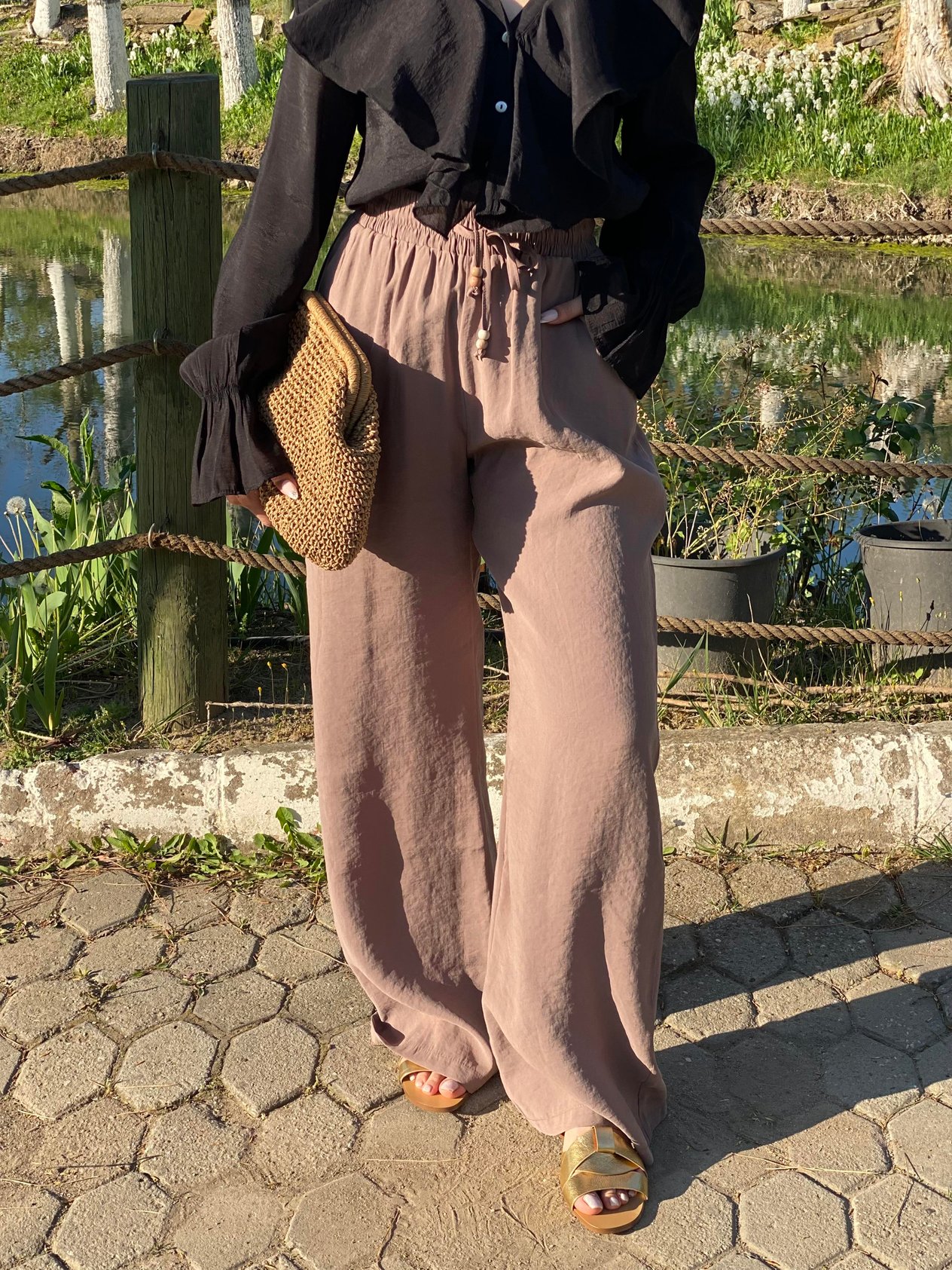Quzu Marka Camel Renk Premium Kalite Beli Lastikli Palazzo Pantolon 