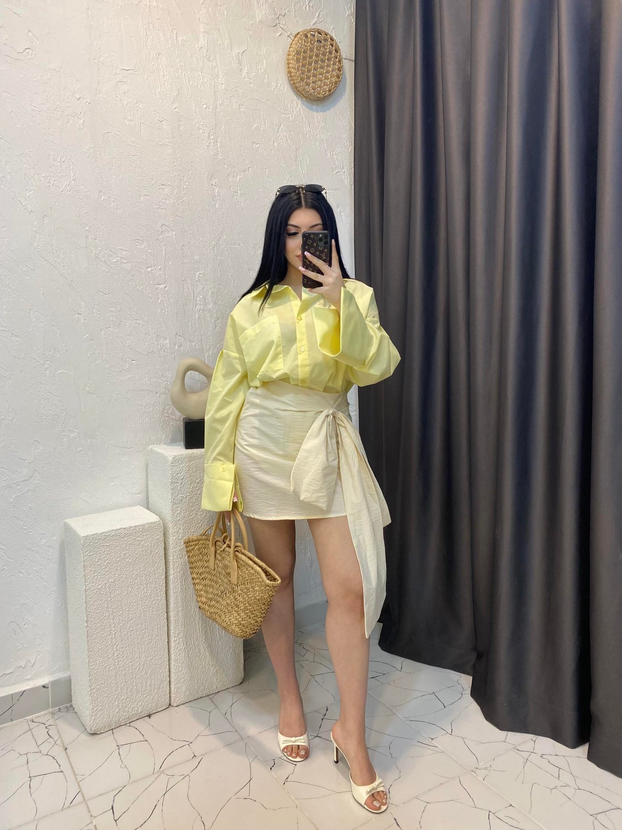 Sarı Renk Kalın Manşetli Cepli Oversize Poplin Kumaş GÖMLEK