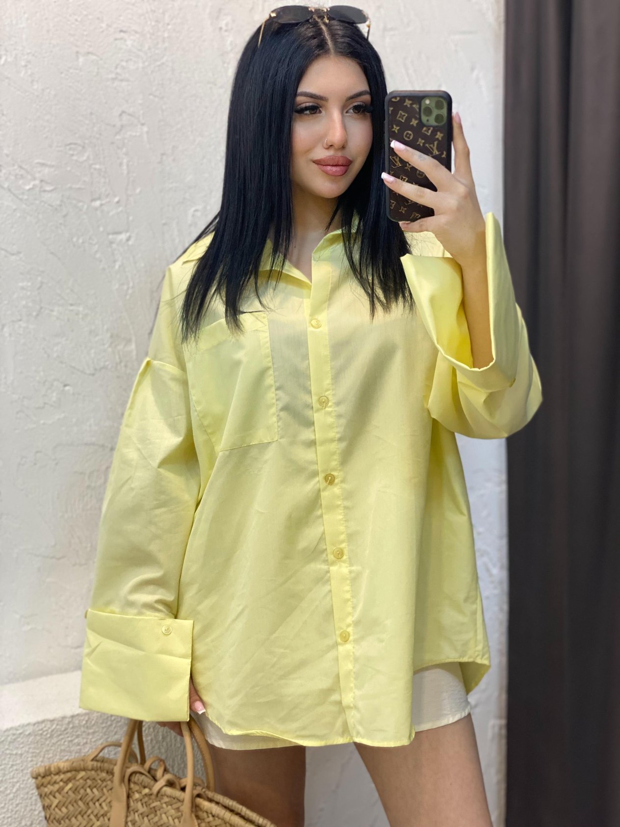 Sarı Renk Kalın Manşetli Cepli Oversize Poplin Kumaş GÖMLEK