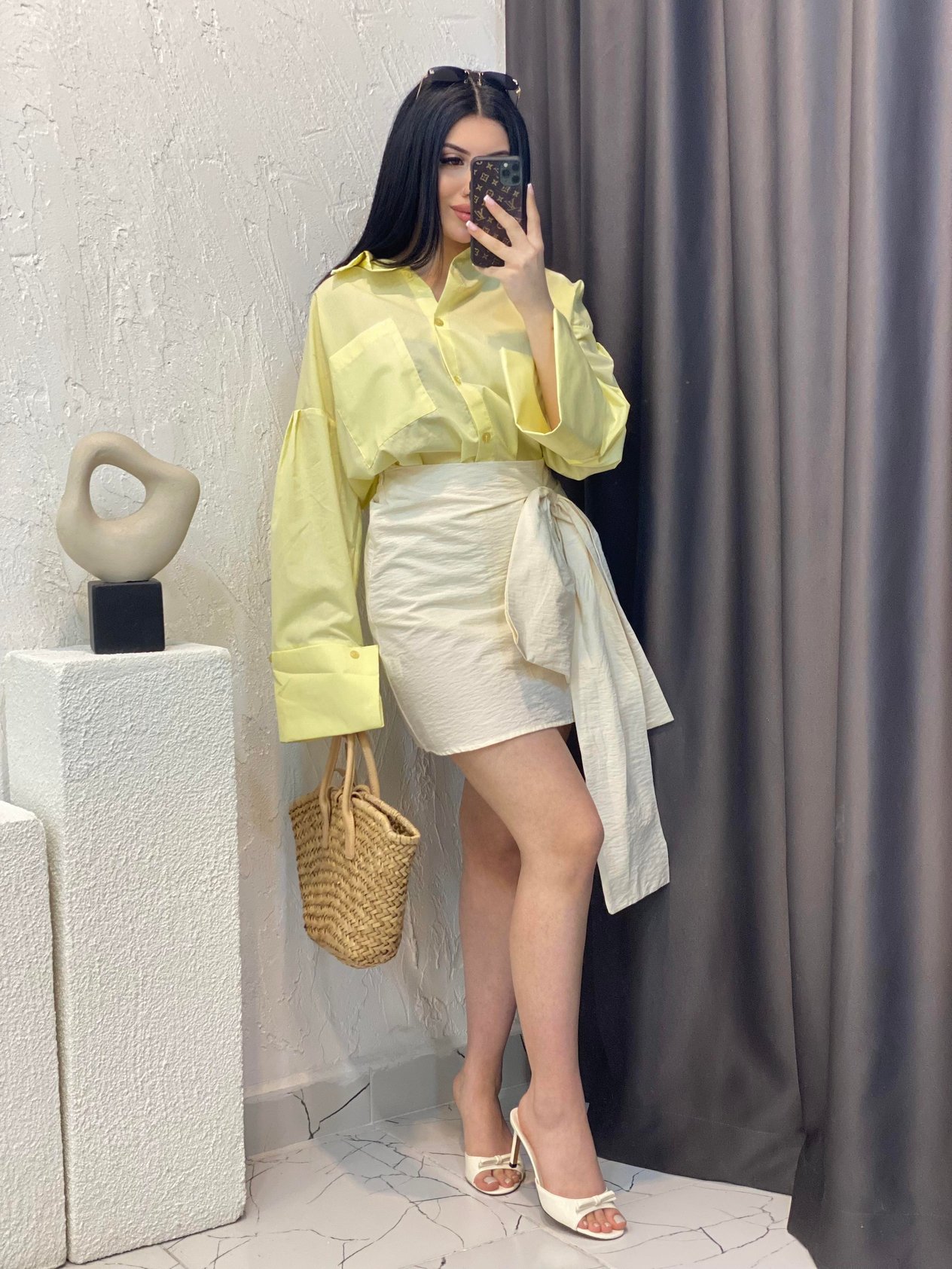 Sarı Renk Kalın Manşetli Cepli Oversize Poplin Kumaş GÖMLEK