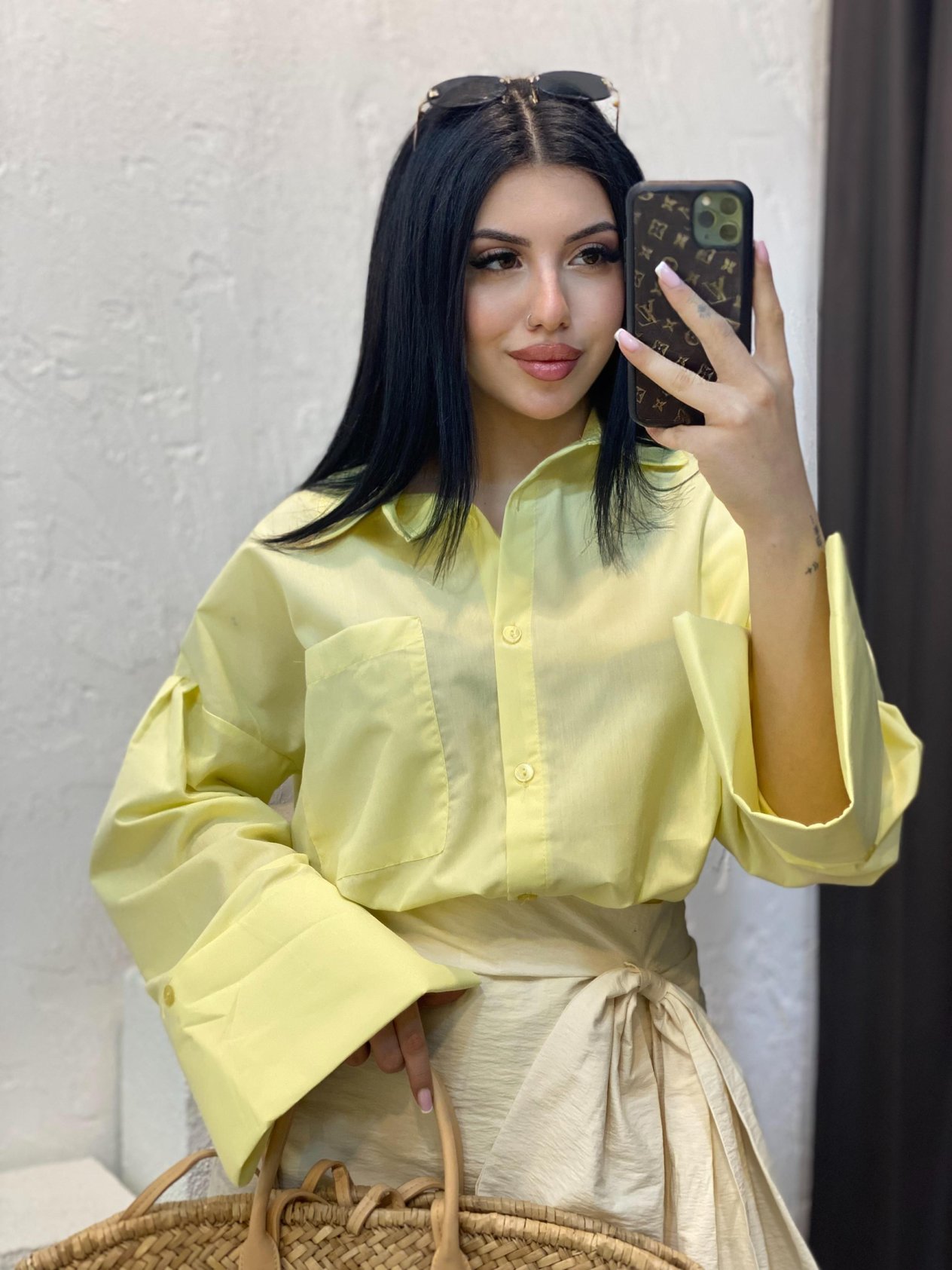 Sarı Renk Kalın Manşetli Cepli Oversize Poplin Kumaş GÖMLEK