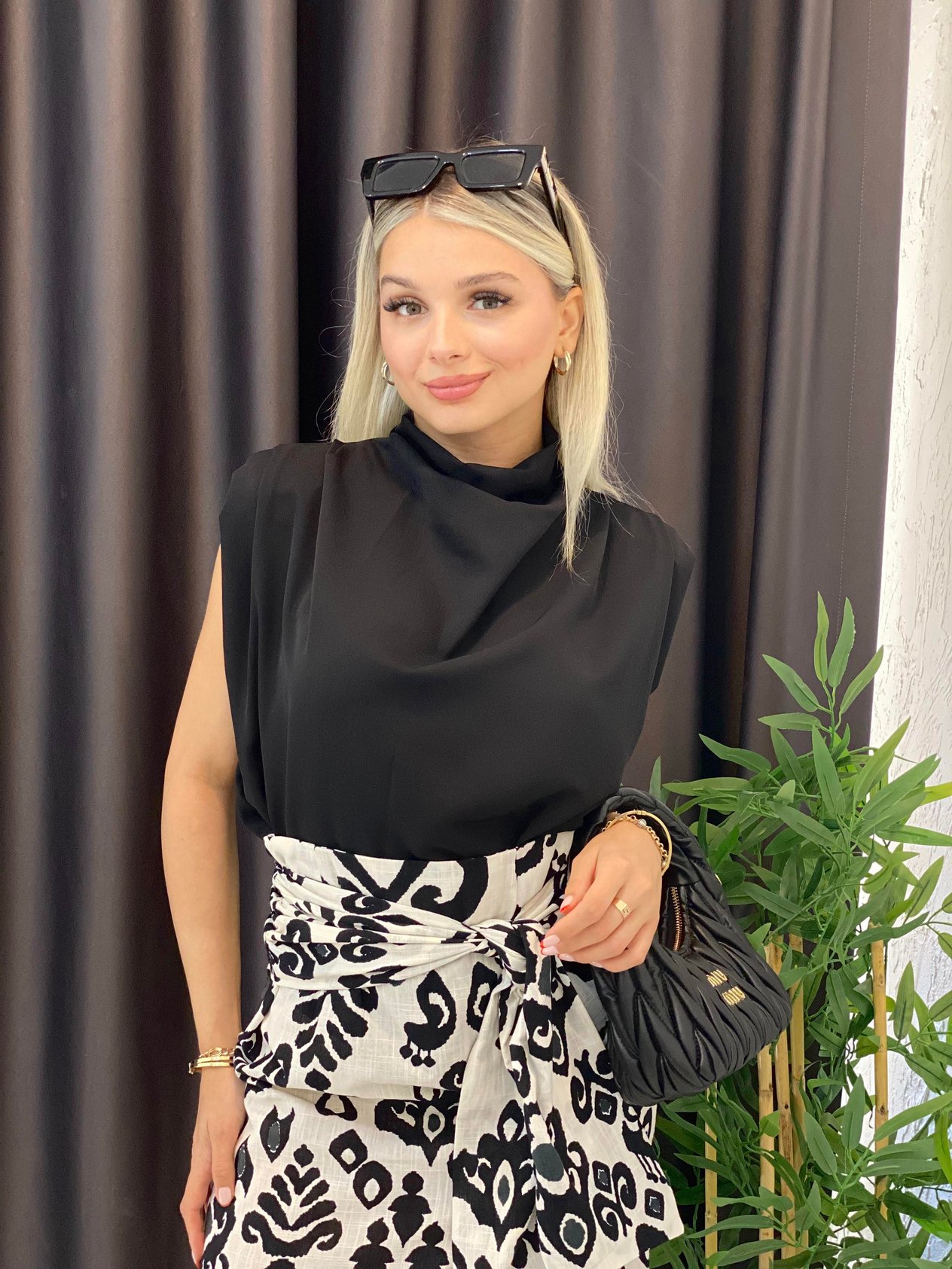 Siyah Beyaz Etnik Desenli Baglamalı Model Keten Etek