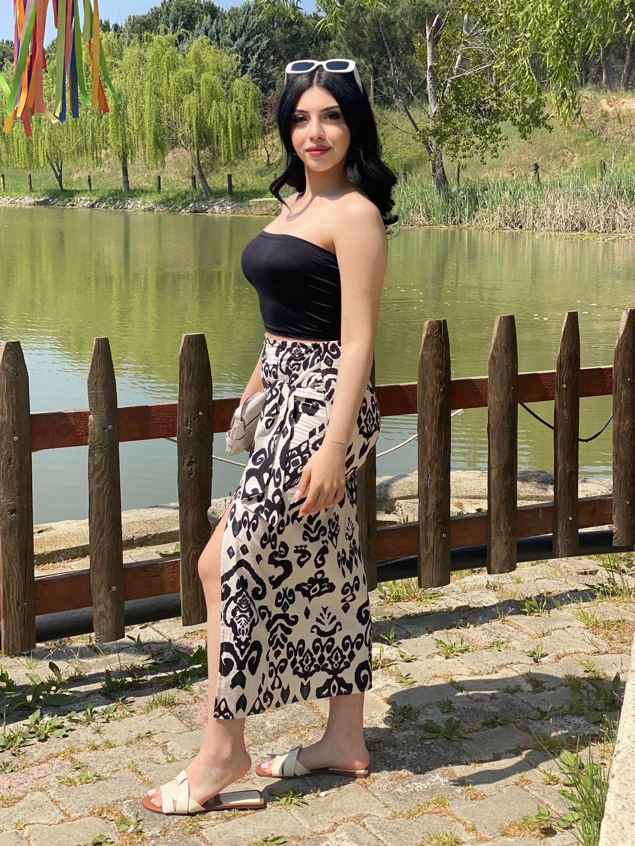 Siyah Etnik Desen Baglamalı Model Keten Etek