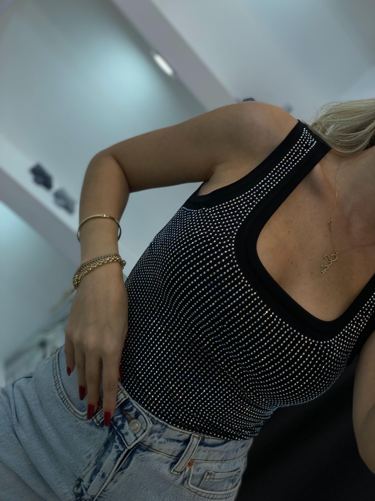 Siyah Hologram Taşlı Sandy Bluz