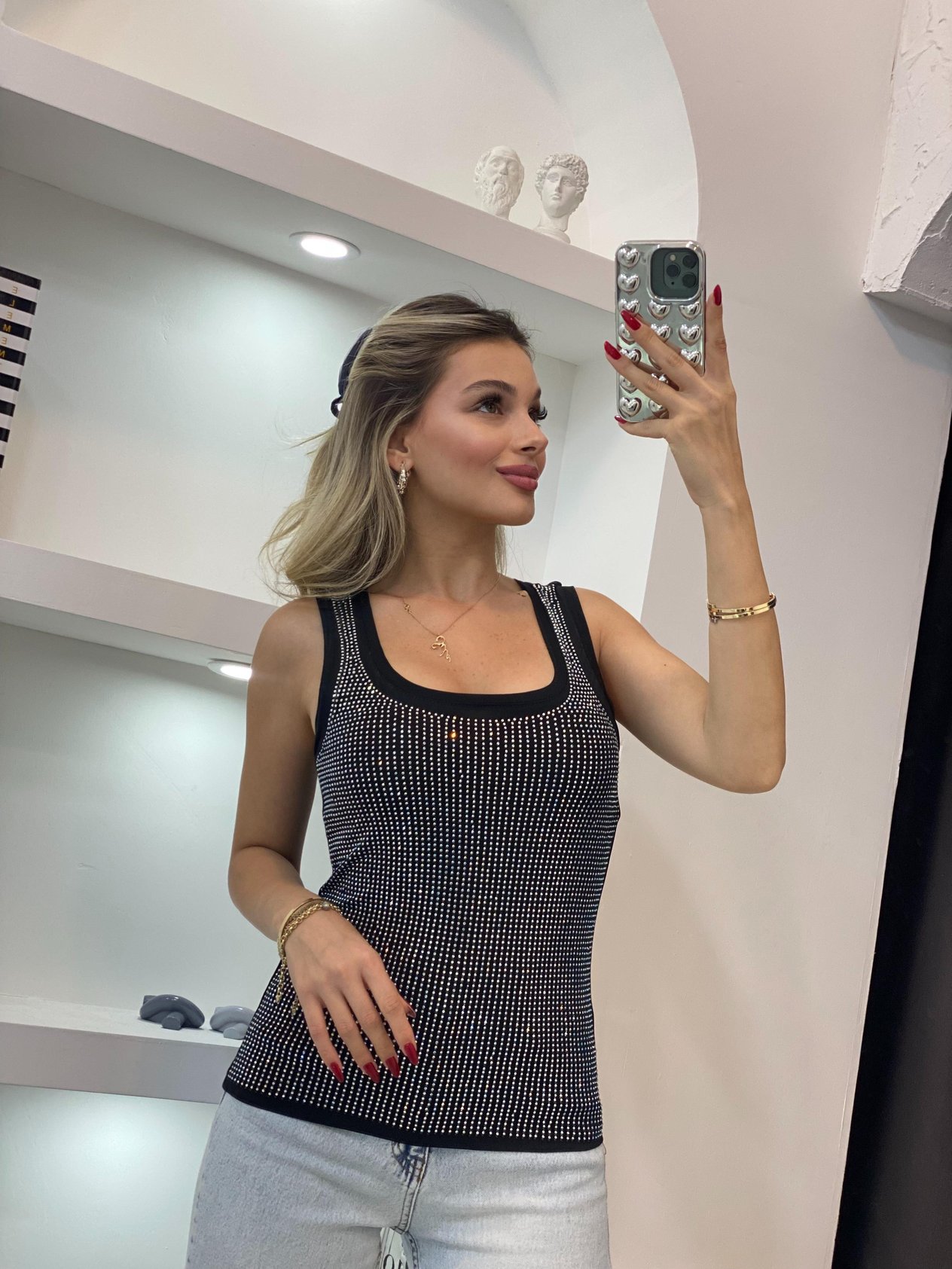 Siyah Hologram Taşlı Sandy Bluz