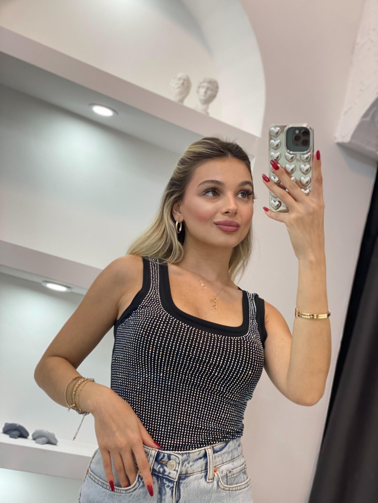 Siyah Hologram Taşlı Sandy Bluz