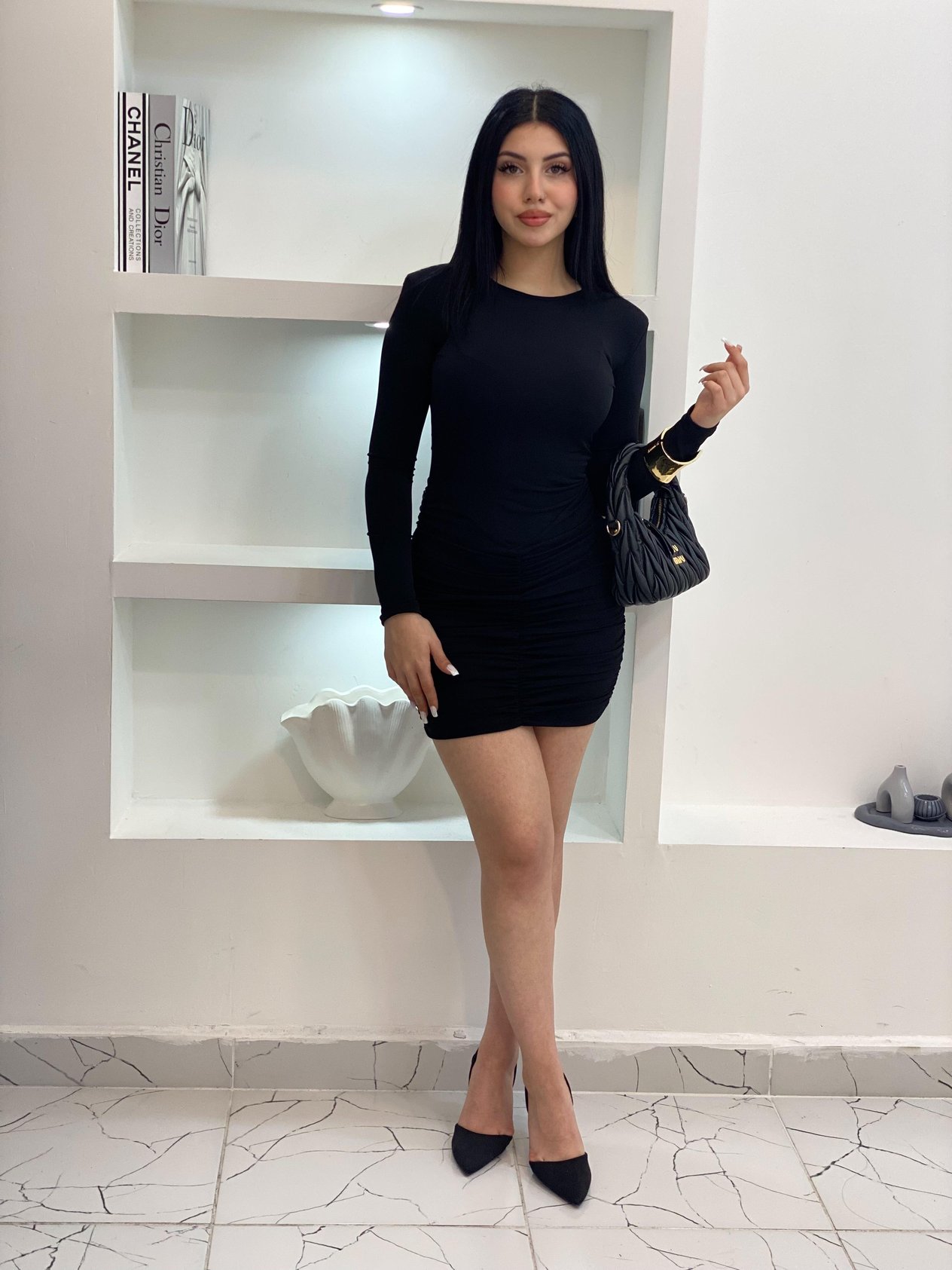 Siyah Vatkalı Drapeli Model Likralı Elbise 
