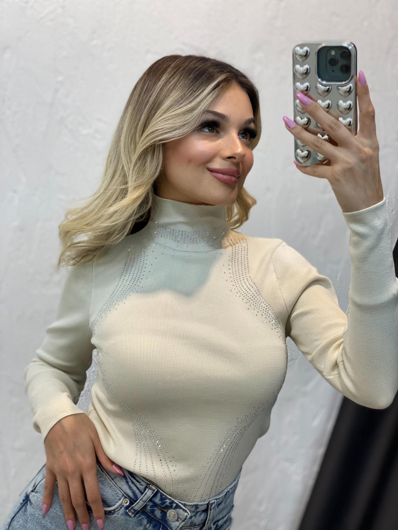 Taş Renk Önü Parıltılı Taşlı Triko