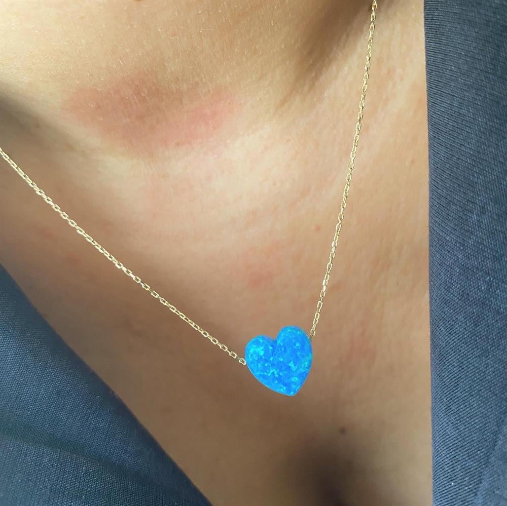 14 Ayar Altın Zincirli Opal Taşlı Kalp Kolye