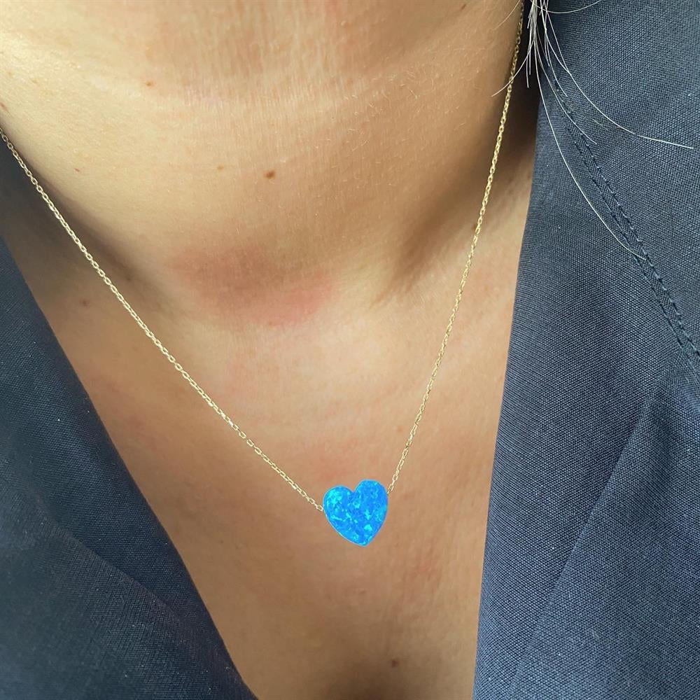 14 Ayar Altın Zincirli Opal Taşlı Kalp Kolye