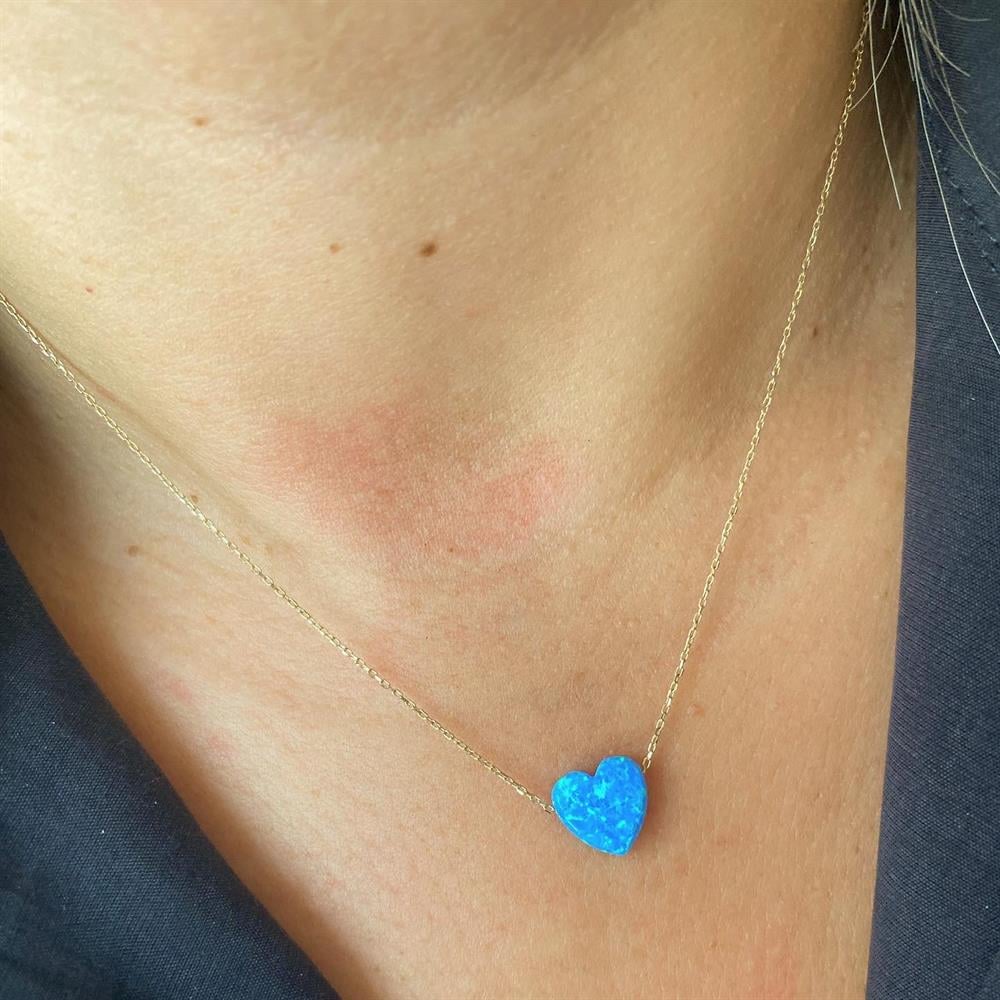 14 Ayar Altın Zincirli Opal Taşlı Kalp Kolye
