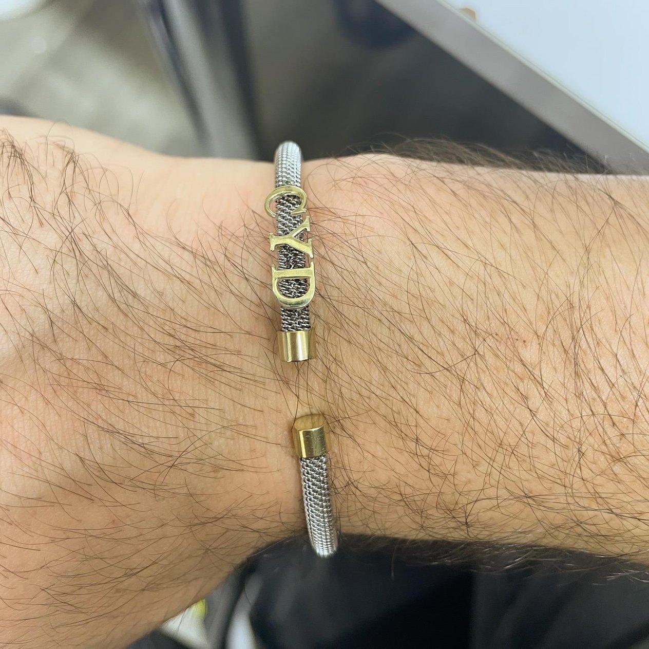 14k Altın 3 Harf Detaylı Beyaz Çelik Bileklik