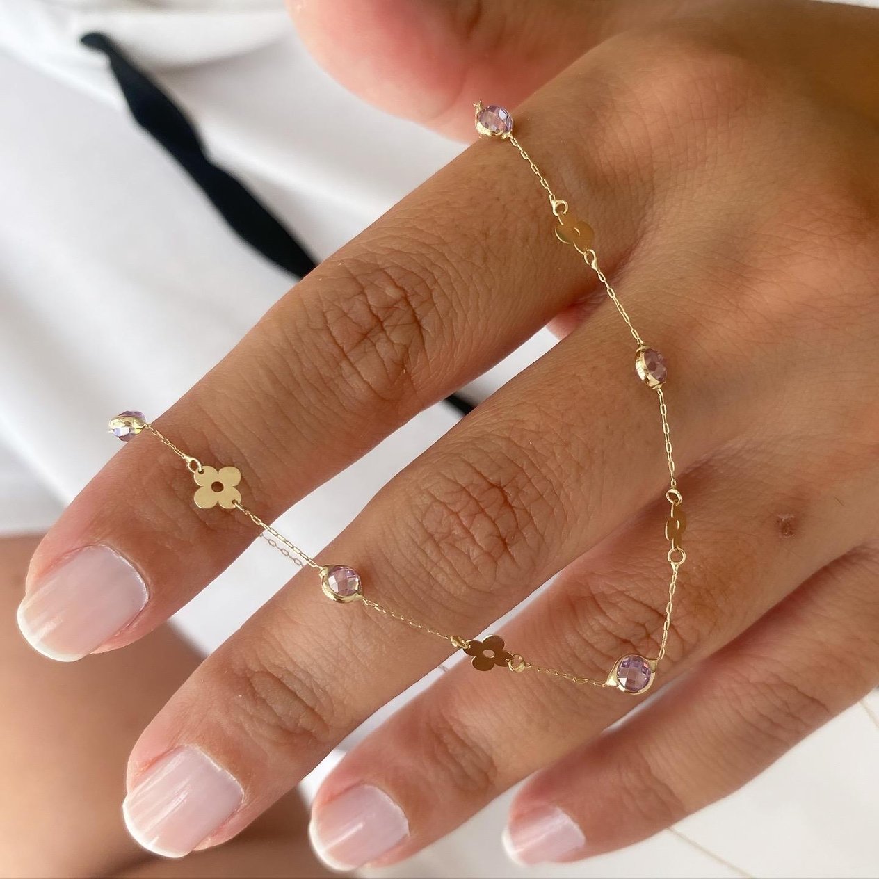14k Altın Mor Taşlı Çiçek Zincir Kolye