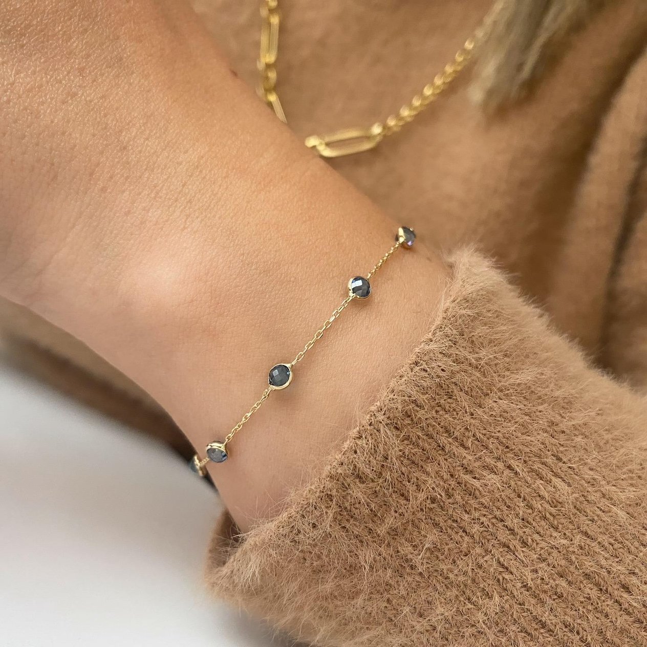 14k Safir Taşlı Altın Zincir Bileklik