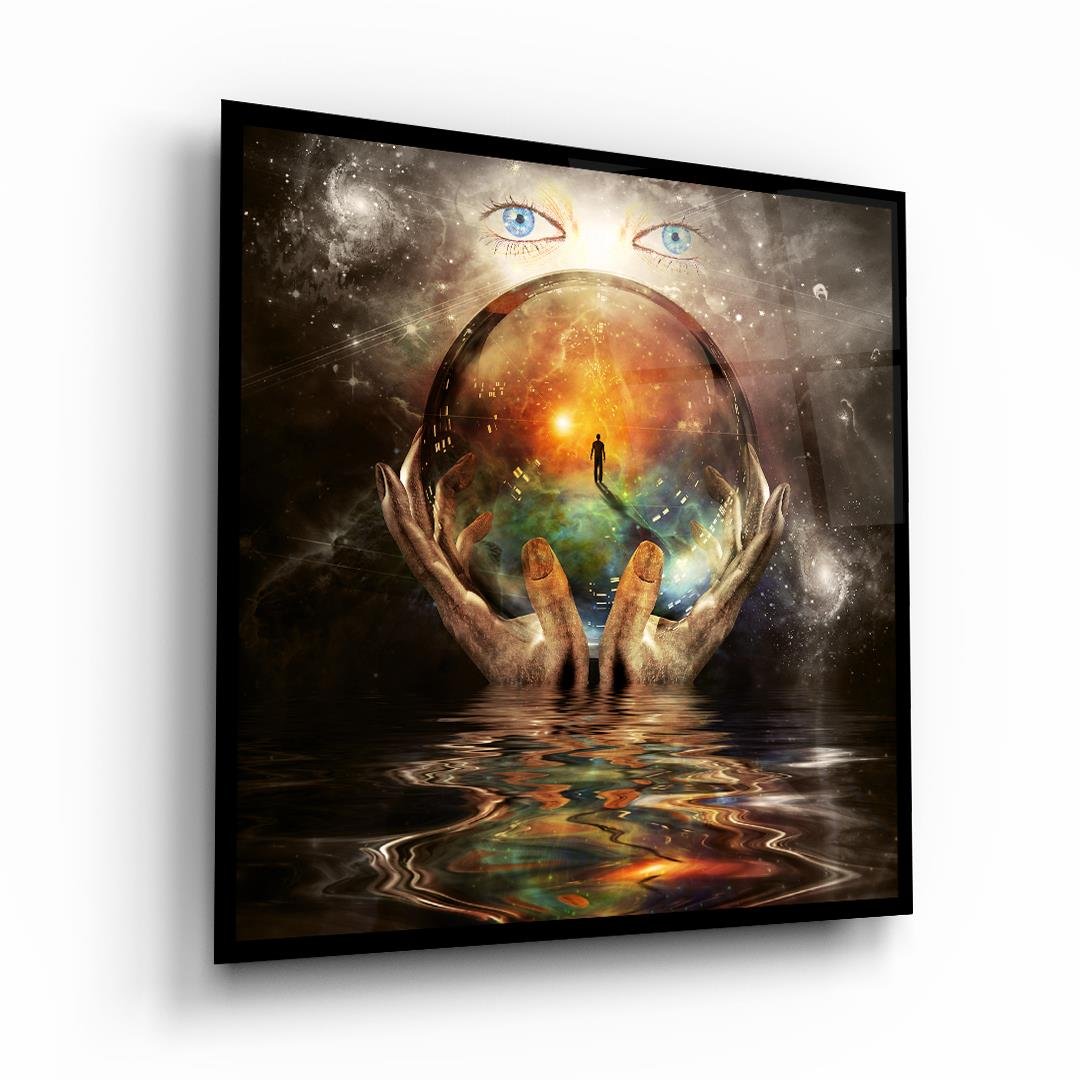 Eller ve Küre Manipülasyon Kare Cam Tablo-Glass Art Concept