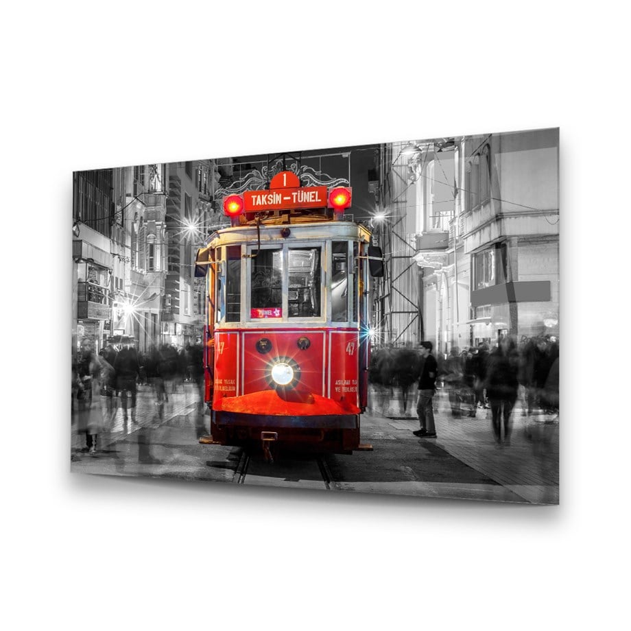 Kırmızı Tramvay Yatay Cam Tablo-Glass Art Concept
