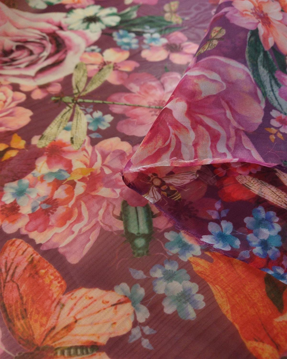 Organze Tül Retro Çiçek Desenli Bordo ile Mor Renkte En: 140 cm