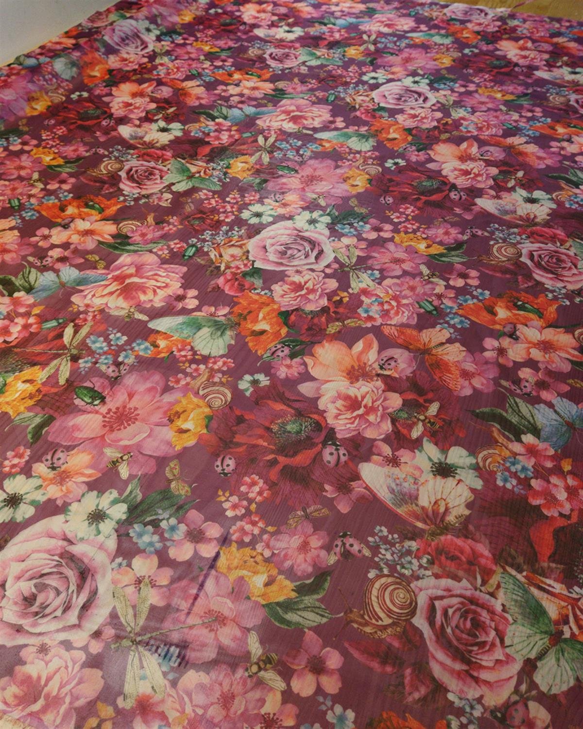 Organze Tül Retro Çiçek Desenli Bordo ile Mor Renkte En: 140 cm