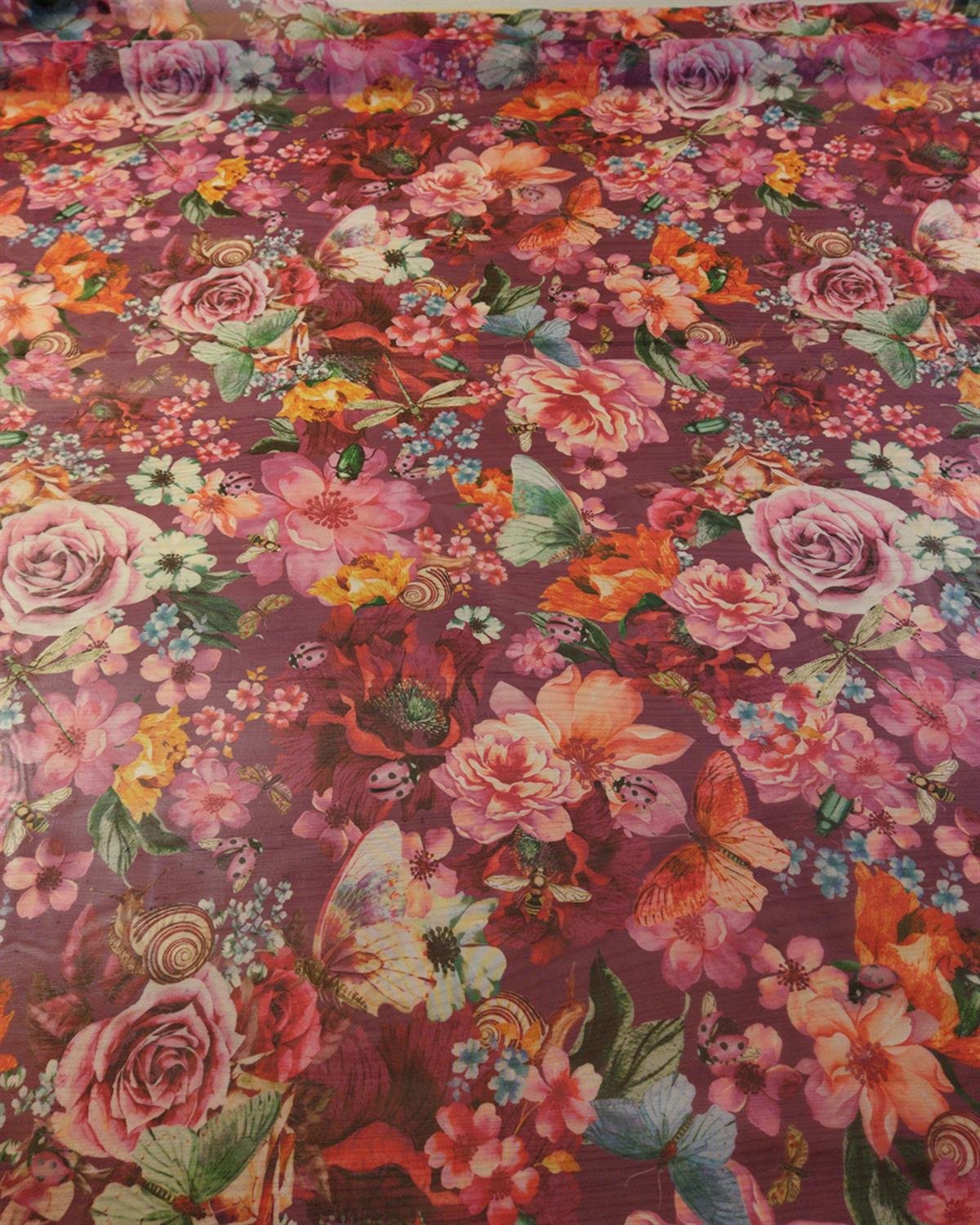 Organze Tül Retro Çiçek Desenli Bordo ile Mor Renkte En: 140 cm