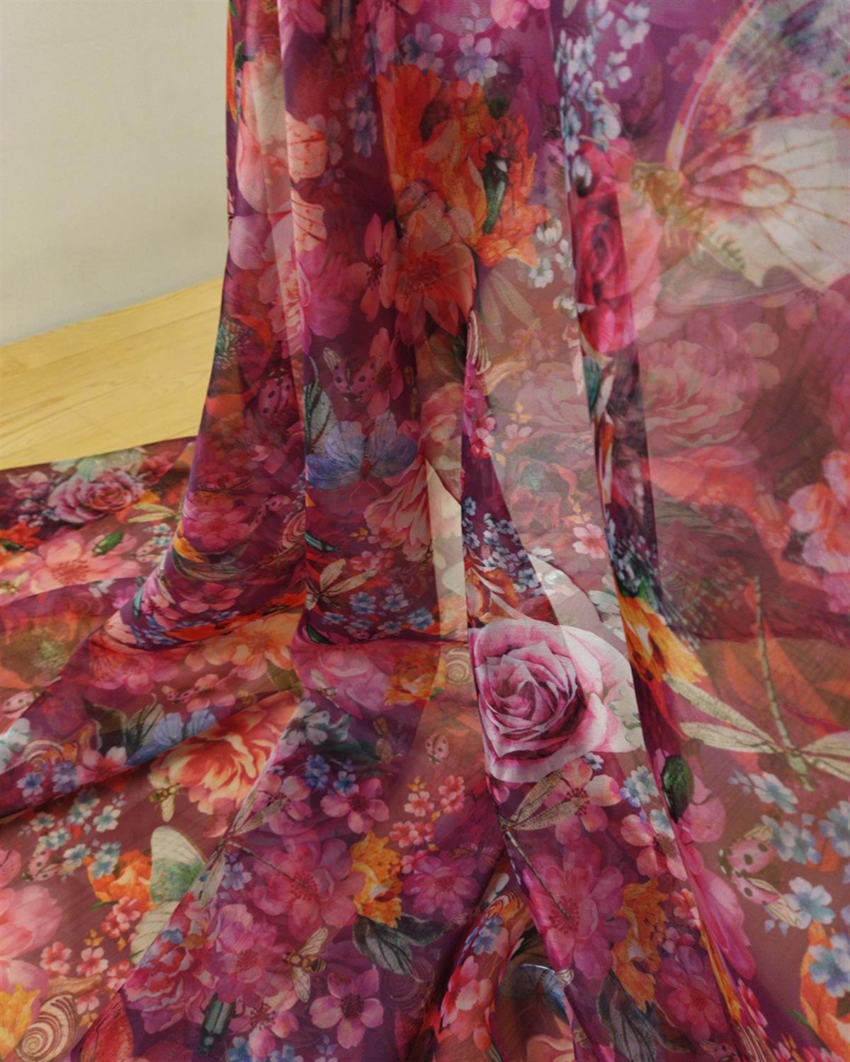 Organze Tül Retro Çiçek Desenli Bordo ile Mor Renkte En: 140 cm