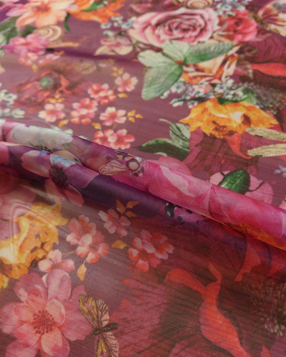 Organze Tül Retro Çiçek Desenli Bordo ile Mor Renkte En: 140 cm