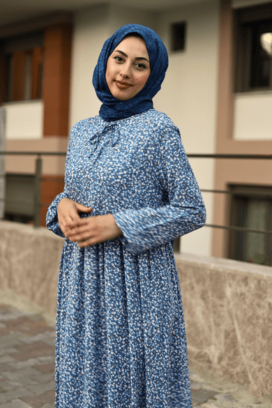 BEL BÜZGÜ ÇİÇEK DETAYLI VİSKON ELBİSE BEBE MAVİSİ