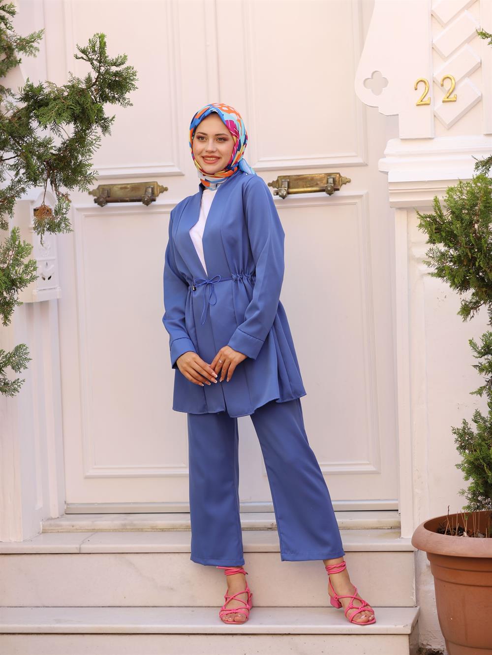 BELDEN BÜZME ABAYA TAKIM İNDİGO