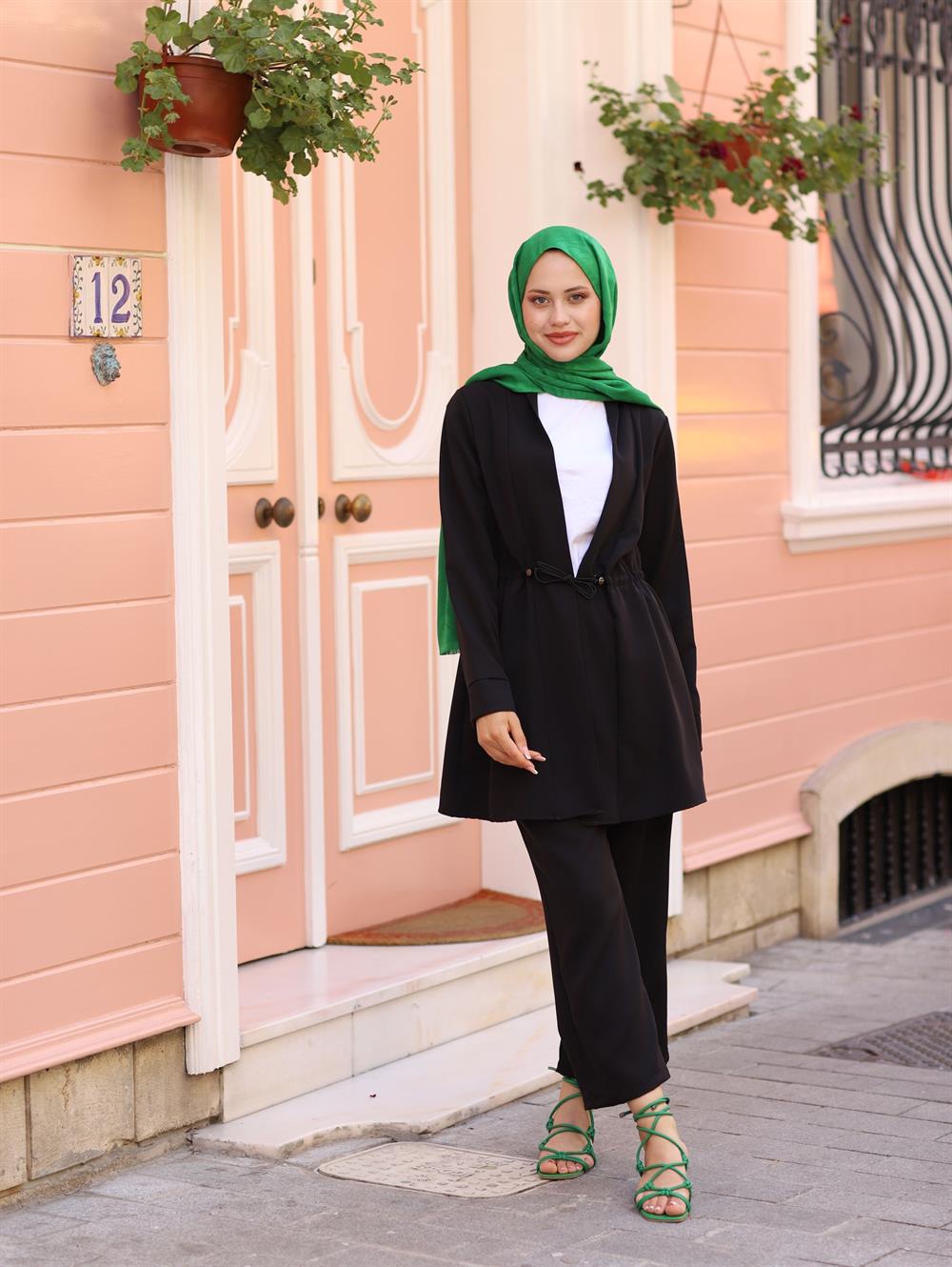 BELDEN BÜZME ABAYA TAKIM SİYAH