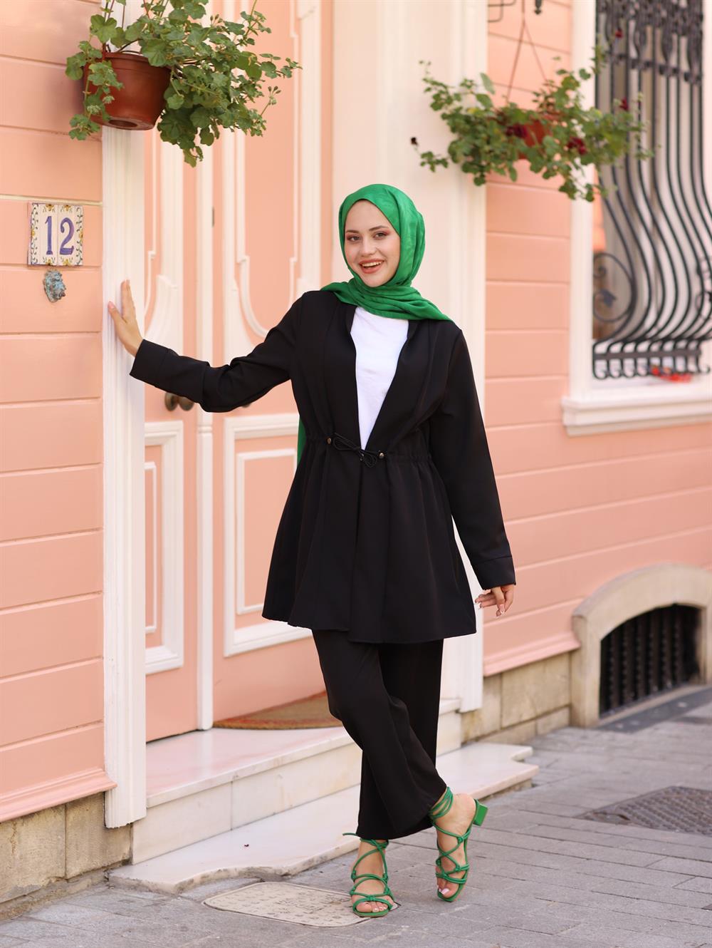 BELDEN BÜZME ABAYA TAKIM SİYAH