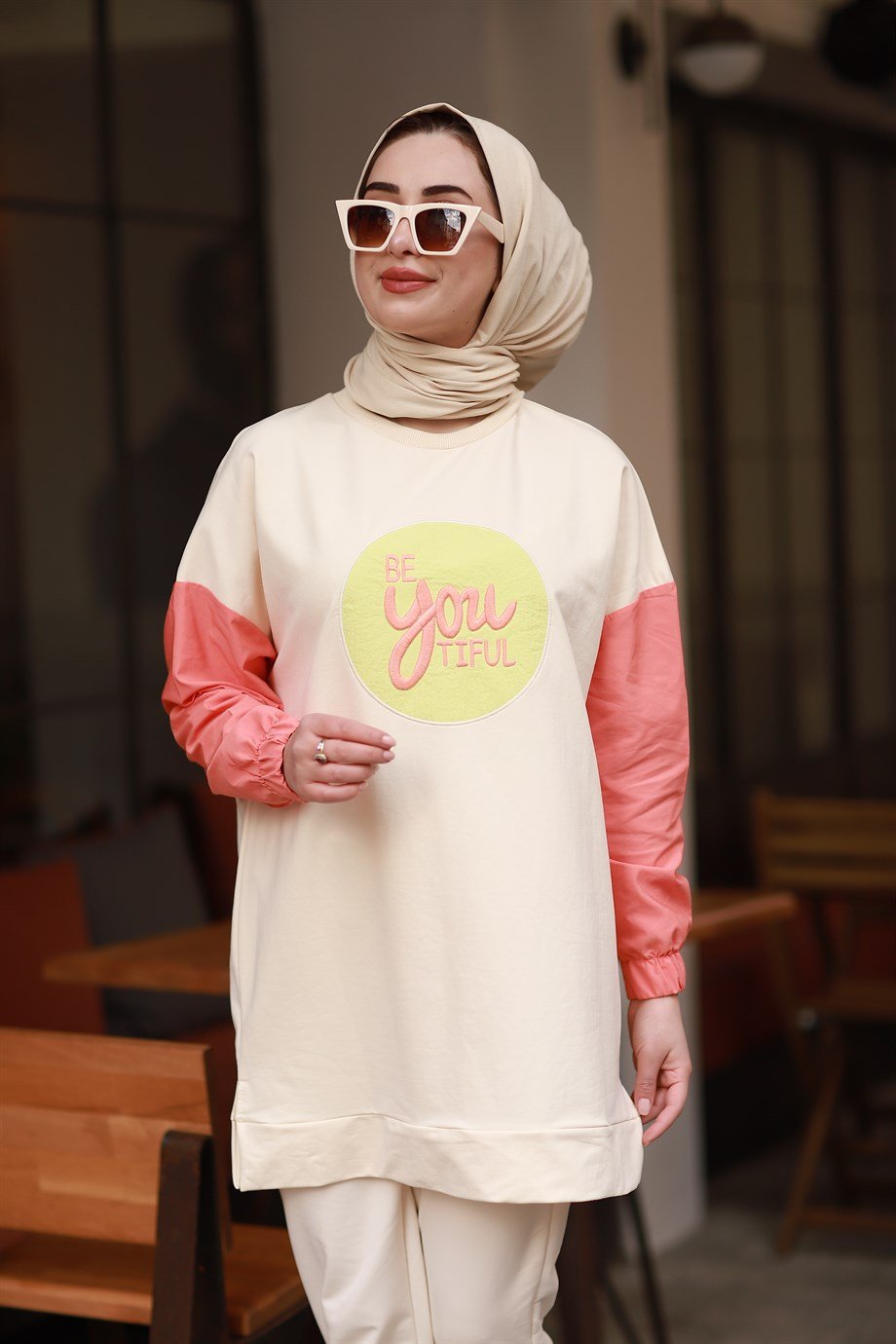BEYOUTİFUL YAZILI SWEAT TAKIM BEJ