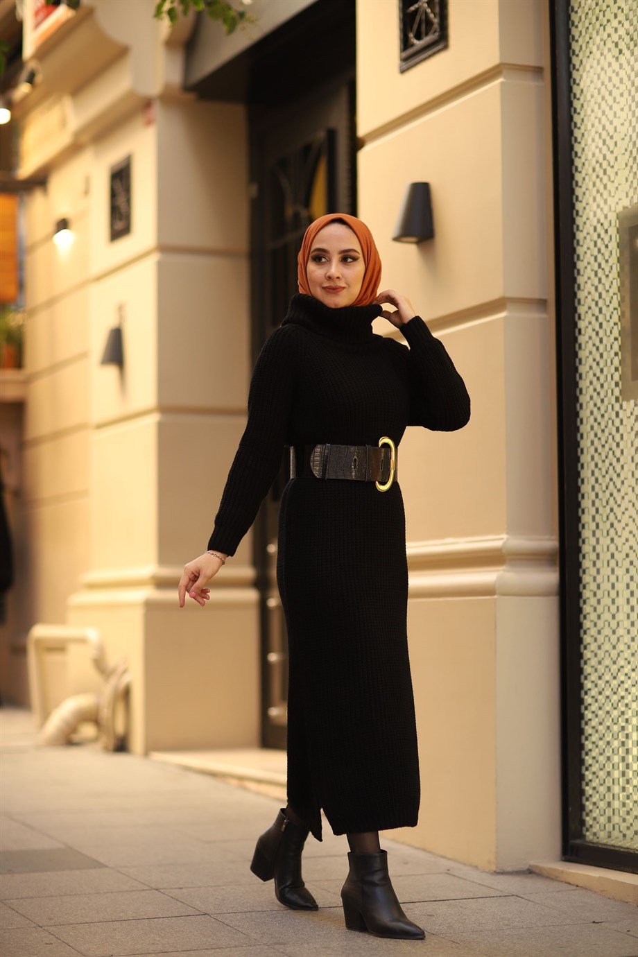 BOĞAZLI TRİKO ELBİSE SİYAH