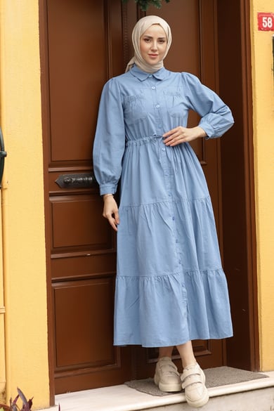 Büzgü Detaylı Denim Elbise Bebe Mavisi