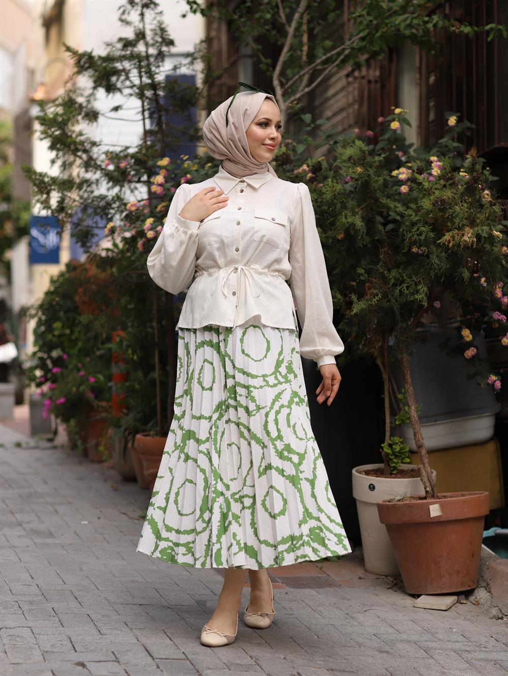 ETEĞİ DESENLİ CROP TAKIM YEŞİL