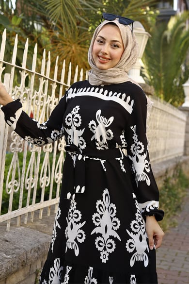 ETNİK DESENLİ VİSKON ELBİSE SYAH