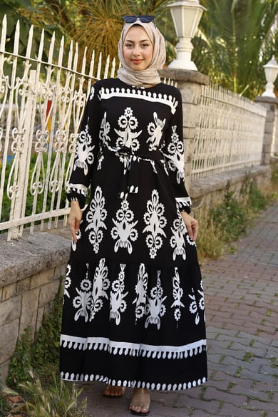 ETNİK DESENLİ VİSKON ELBİSE SYAH
