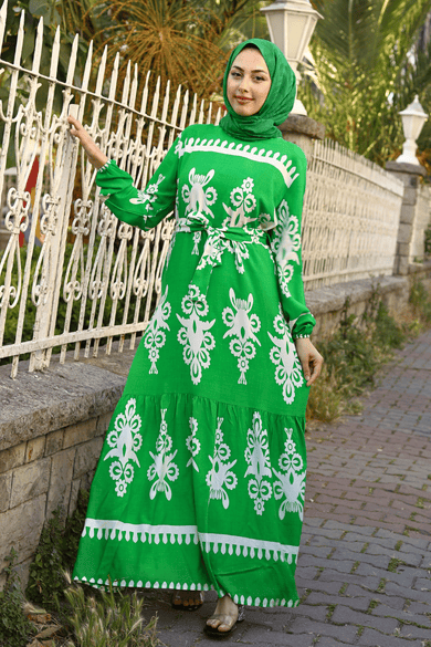 ETNİK DESENLİ VİSKON ELBİSE YEŞİL