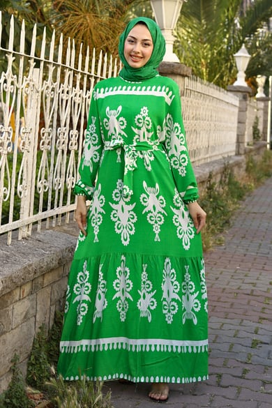 ETNİK DESENLİ VİSKON ELBİSE YEŞİL