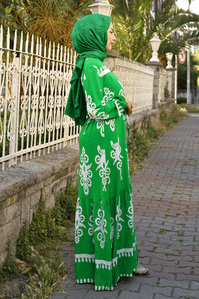 ETNİK DESENLİ VİSKON ELBİSE YEŞİL