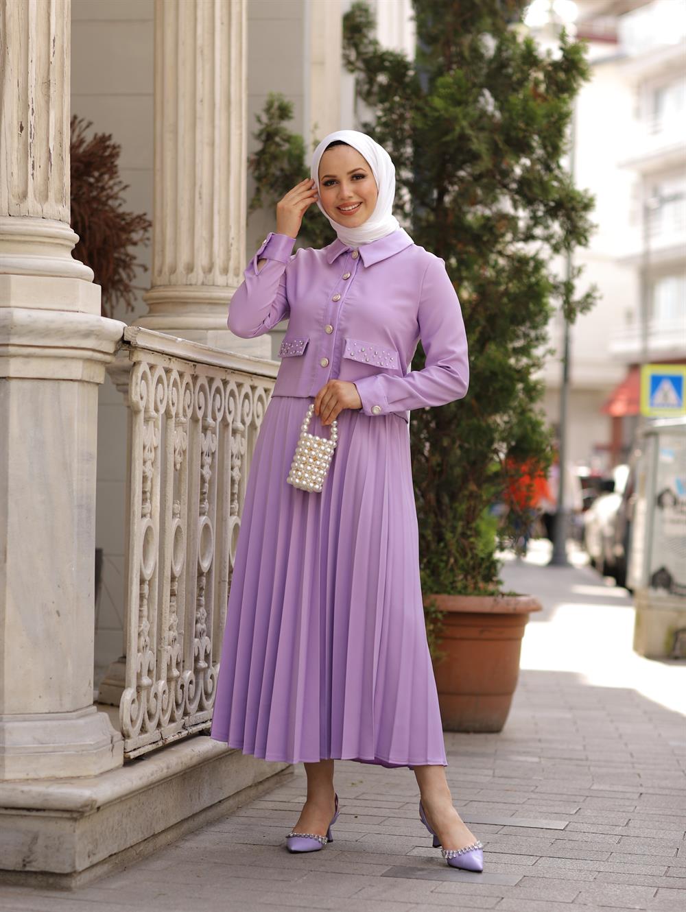 İNCİ VE DÜĞME CROP TAKIM LİLA
