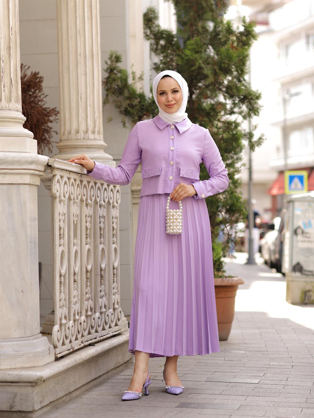 İNCİ VE DÜĞME CROP TAKIM LİLA