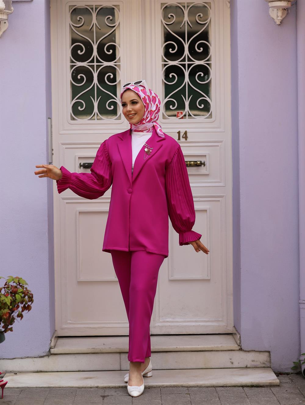 KOLLARI PİLİSELİ CEKET TAKIM FUŞYA