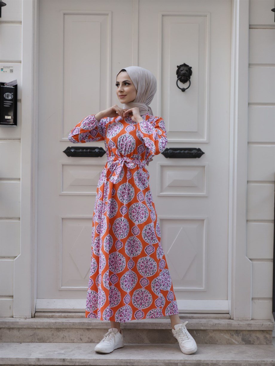 MEVLANA KESİM TESETTÜR  ELBİSE ORANJ
