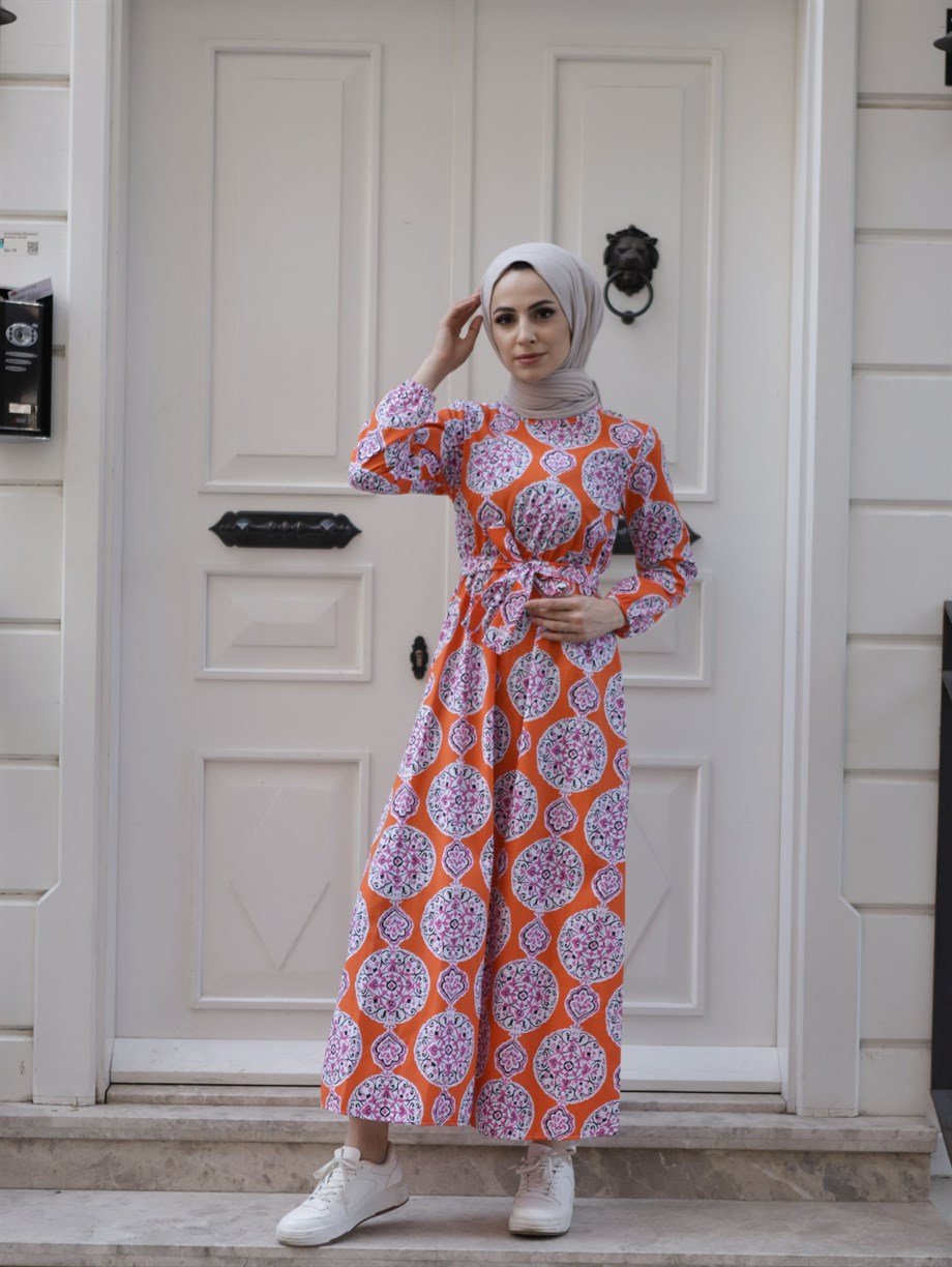 MEVLANA KESİM TESETTÜR  ELBİSE ORANJ