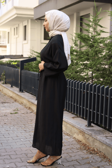 Noral Önü Düğmeli Elbise Siyah