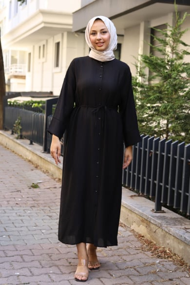 Noral Önü Düğmeli Elbise Siyah